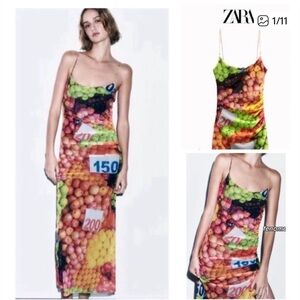 NWT Zara fruit mesh dress with ruching size small. Spaghetti strap